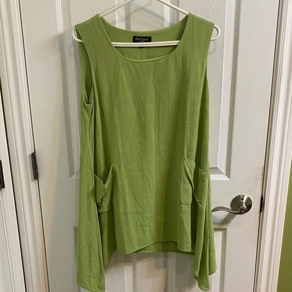 Red Coral Linen Cotton Avocado Green Tunic Shift Boho Dress Pockets Size Small